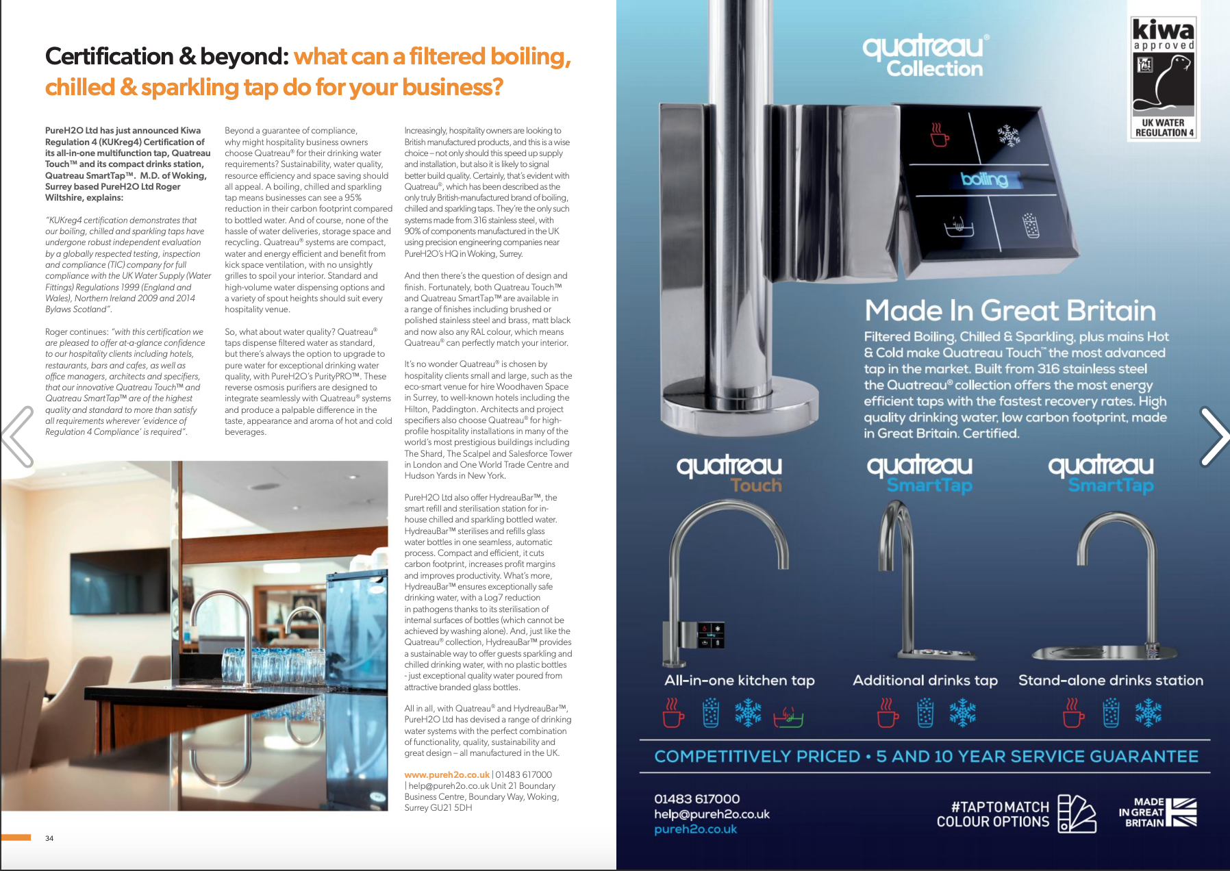 Quatreau filtered taps for hospitality featured in Warm Welcome