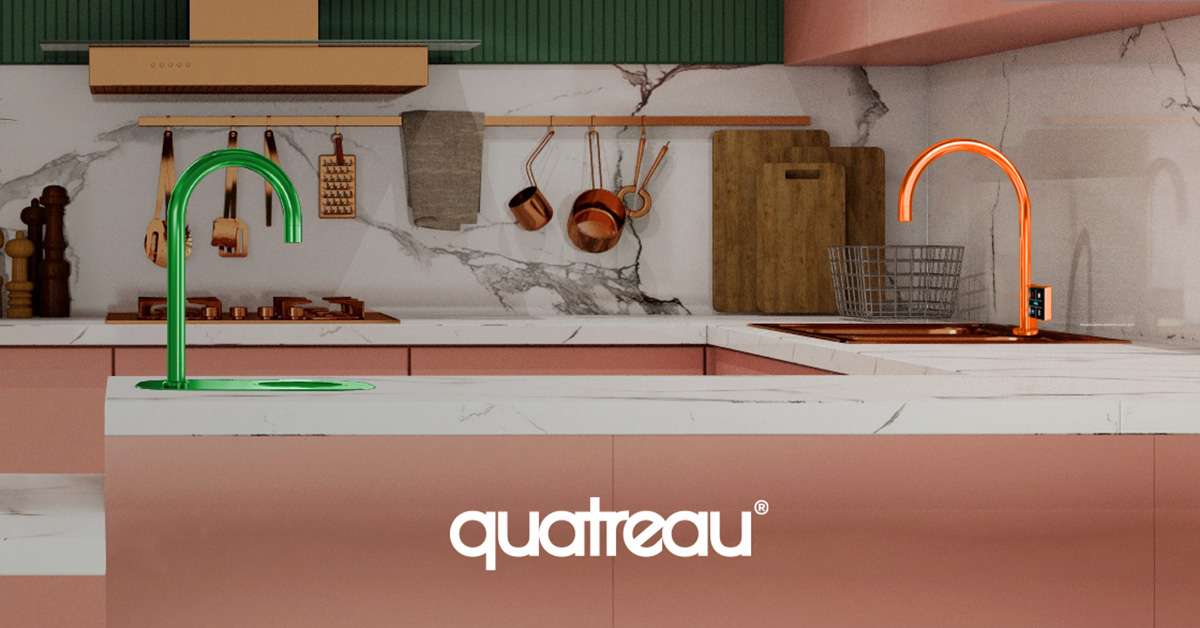 Orange Quatreau Touch kitchen tap and Green drinks station in contemporary kitchen with marble surfaces and pink cabinets